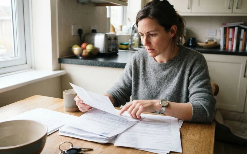 A homeowner reviewing a suspicious letter and checking a phone for verification