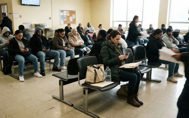 A Connecticut housing court hallway with people waiting to check in for landlord tenant cases