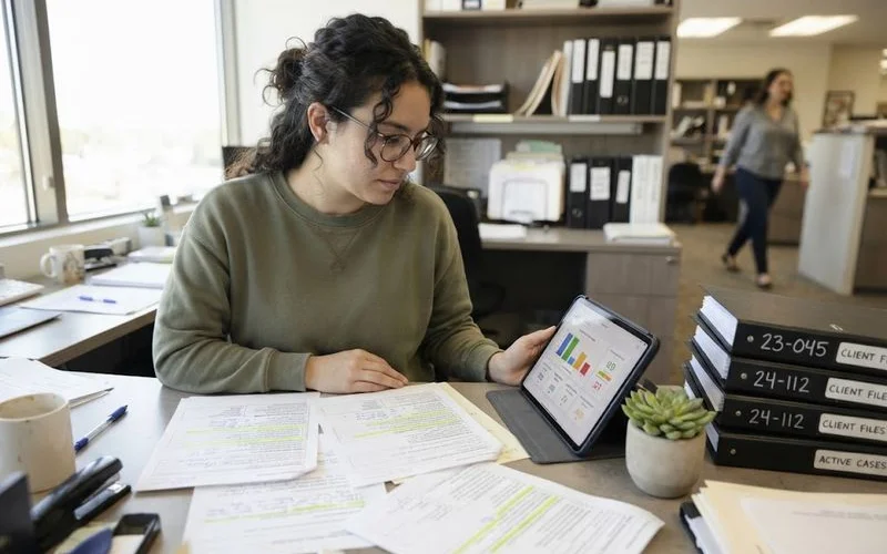 A researcher at a desk cross-checking a spreadsheet of law firm listings against public records and a Google reviews page on a monitor