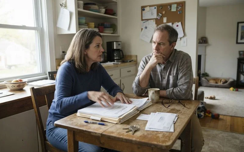 A couple reviewing paperwork with an attorney while discussing division of property