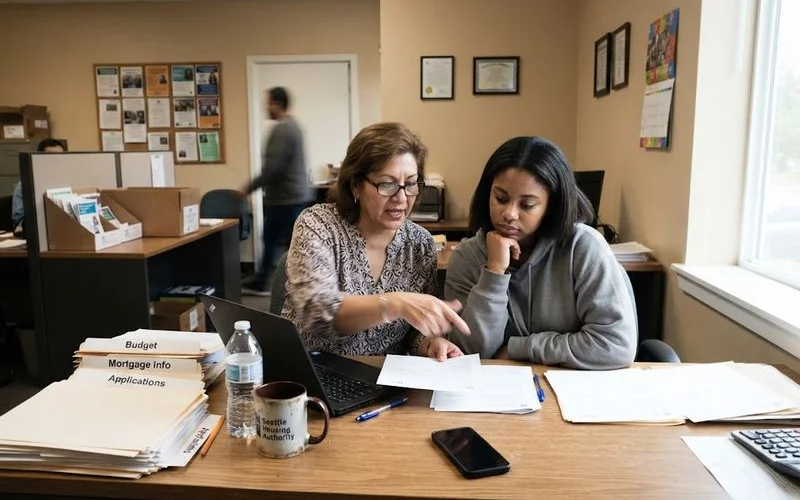 A housing counselor and a homeowner reviewing paperwork together at a community office
