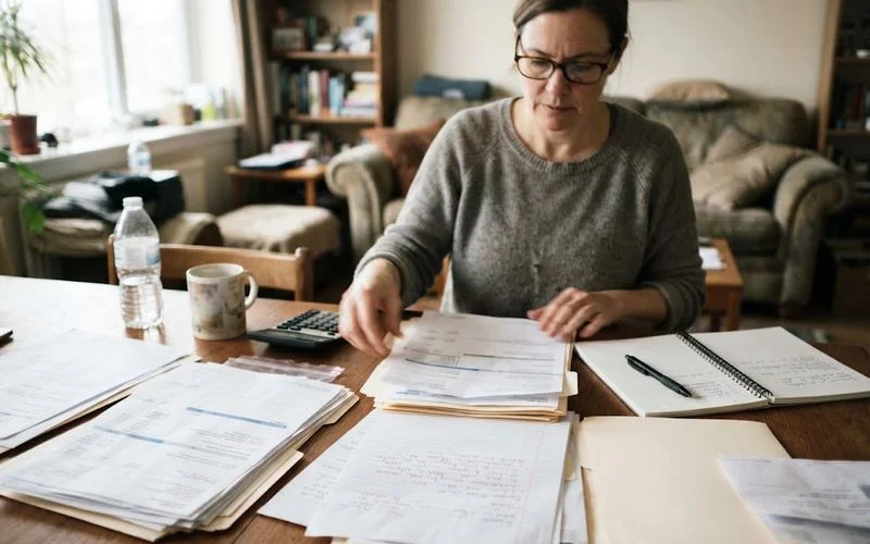 A person organizing financial documents and bills before a bankruptcy consultation