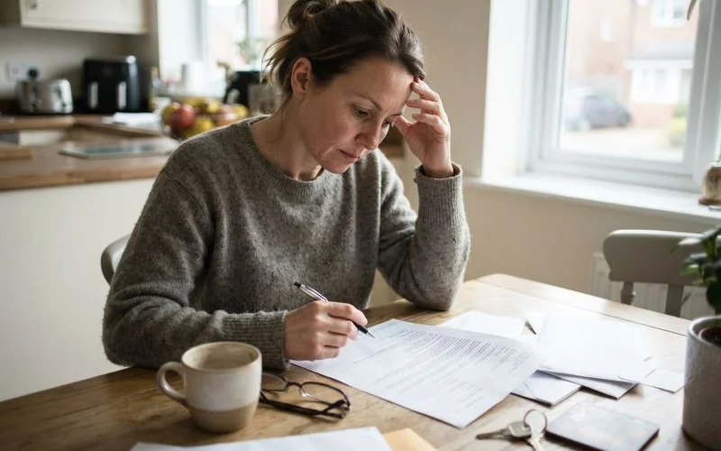 A person reviewing a debt collection letter alongside a notepad of questions