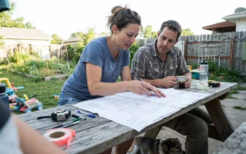 A surveyor and homeowner reviewing a property boundary map outdoors