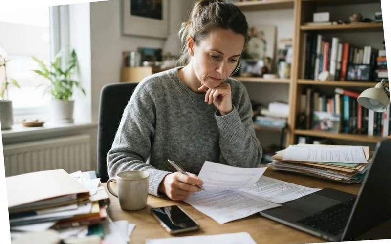A homeowner reviewing a fee agreement with an attorney across a desk