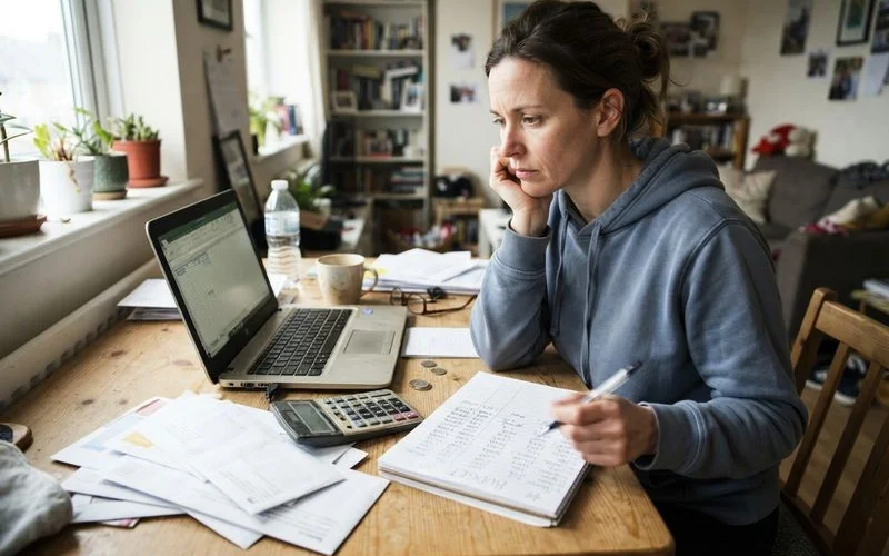 A person reviewing bills and a laptop showing a budget spreadsheet at a kitchen table