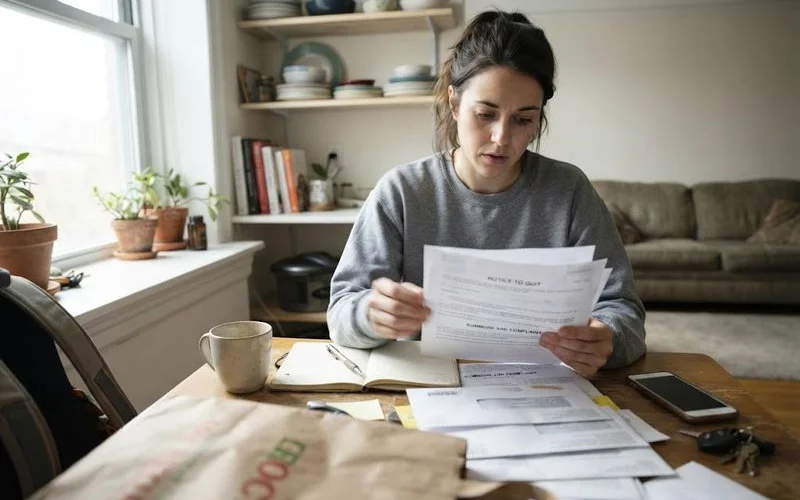 A tenant reviewing eviction paperwork and a calendar at a kitchen table
