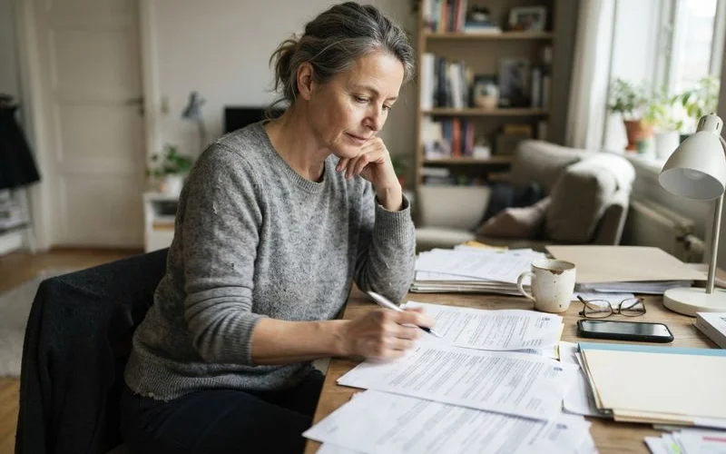 A homeowner sitting at a kitchen table reviewing foreclosure court paperwork with a laptop nearby