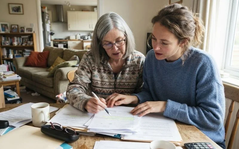 An adult child and older parent reviewing paperwork together at a dining table