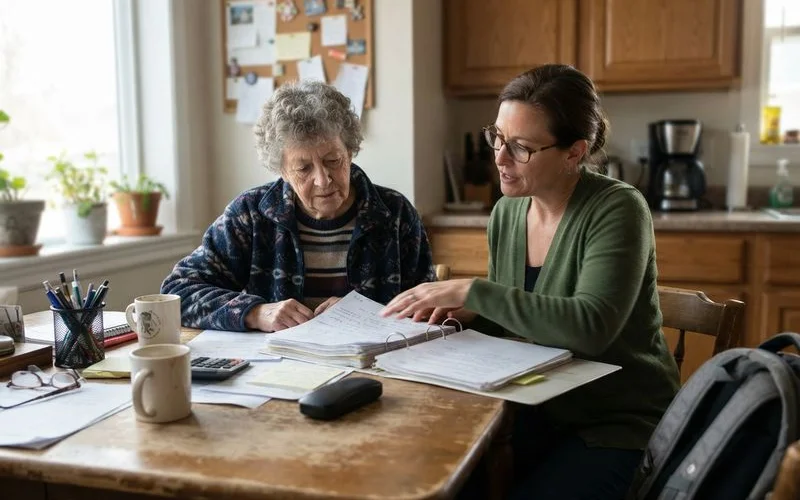 An older homeowner reviewing financial paperwork with a housing counselor