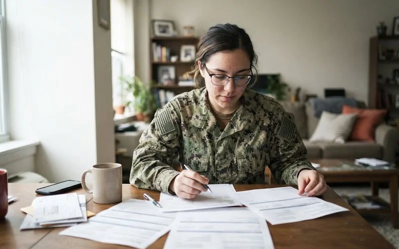 A servicemember and family reviewing paperwork together at home