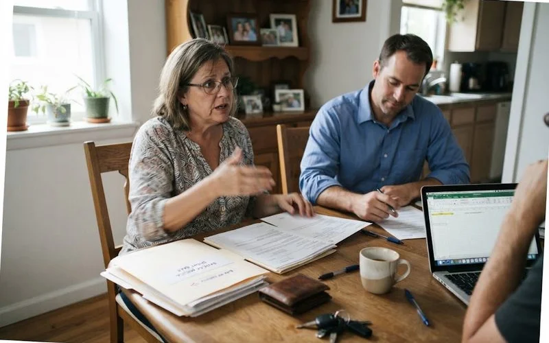 Two people reviewing short sale paperwork with a real estate agent